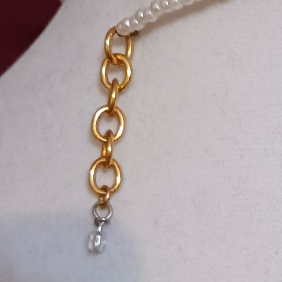 Handmade Vintage Faux Pearl Choker Necklace Gold Dangle Rhinestone Adjustable - Picture 8 of 10